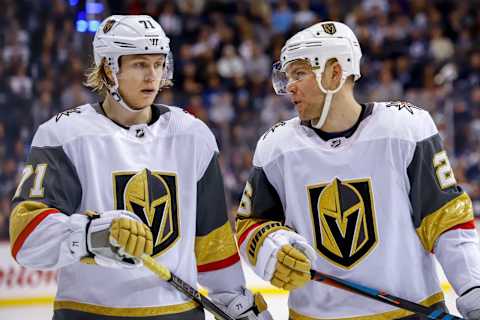 WINNIPEG, MB – JANUARY 15: William Karlsson #71 and Paul Stastny #26 of the Vegas Golden Knights discuss strategy during a third period stoppage in play against the Winnipeg Jets at the Bell MTS Place on January 15, 2019 in Winnipeg, Manitoba, Canada. (Photo by Darcy Finley/NHLI via Getty Images)