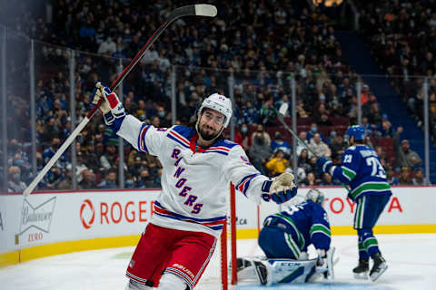 Nov 2, 2021; Vancouver, British Columbia, CAN; New York Rangers forward Mika Zibanejad (93) celebrates his goal scored on Vancouver Canucks goalie Thatcher Demko (35) in the second period at Rogers Arena. Mandatory Credit: Bob Frid-USA TODAY Sports