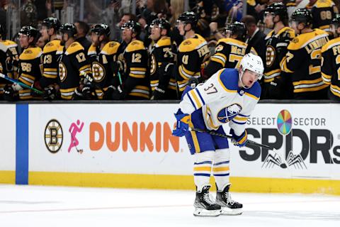 BOSTON, MASSACHUSETTS – APRIL 28: Casey Mittelstadt #37 of the Buffalo Sabres reacts after Patrice Bergeron #37 of the Boston Bruins scored a goal during the second period at TD Garden on April 28, 2022 in Boston, Massachusetts. (Photo by Maddie Meyer/Getty Images)