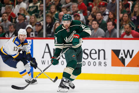 Apr 22, 2017; Saint Paul, MN, USA; Minnesota Wild defenseman Matt Dumba (24) passes in the second period against the St Louis Blues in game five of the first round of the 2017 Stanley Cup Playoffs at Xcel Energy Center. Mandatory Credit: Brad Rempel-USA TODAY Sports