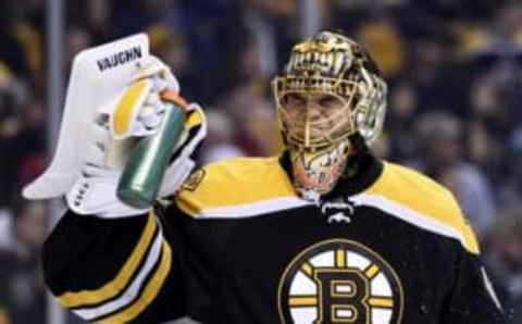 Apr 7, 2016; Boston, MA, USA; Boston Bruins goalie Tuukka Rask (40) squirts himself with water during the first period against the Detroit Red Wings at TD Garden. Mandatory Credit: Bob DeChiara-USA TODAY Sports