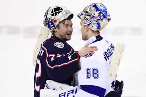 Apr 16, 2019; Columbus, OH, USA; Columbus Blue Jackets goaltender Sergei Bobrovsky (72) hugs Tampa Bay Lightning goaltender Andrei Vasilevskiy (88) after game four of the first round of the 2019 Stanley Cup Playoffs at Nationwide Arena. Mandatory Credit: Aaron Doster-USA TODAY Sports