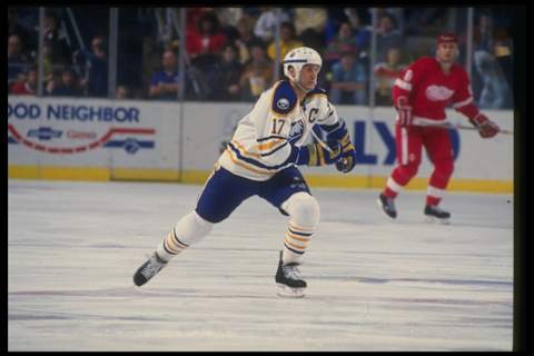 1990-91: Rightwinger Mike Foligno of the Buffalo Sabres in action during a Sabres game versus the Detroit Red Wings at the Memorial Auditorium in Buffalo, New York. Mandatory Credit: Allsport /Allsport