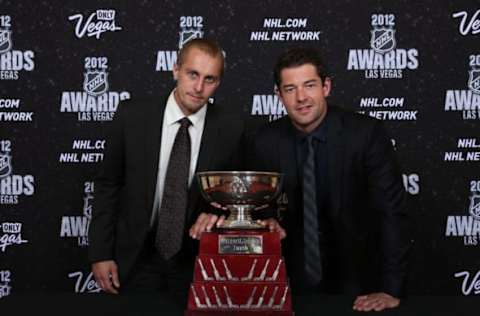 LAS VEGAS, NV – JUNE 20: Jaroslav Halak and Brian Elliott of the St. Louis Blues pose after winning the William M. Jennings Trophy during the 2012 NHL Awards at the Encore Theater at the Wynn Las Vegas on June 20, 2012 in Las Vegas, Nevada. (Photo by Bruce Bennett/Getty Images)