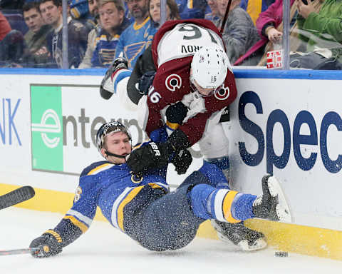 The Colorado Avalanche’s Nikita Zadorov brings down the St. Louis Blues’ Paul Stastny in the first period on Thursday, Jan. 25, 2018, at the Scottrade Center in St. Louis. The Blues won, 3-1. (Chris Lee/St. Louis Post-Dispatch/TNS via Getty Images)