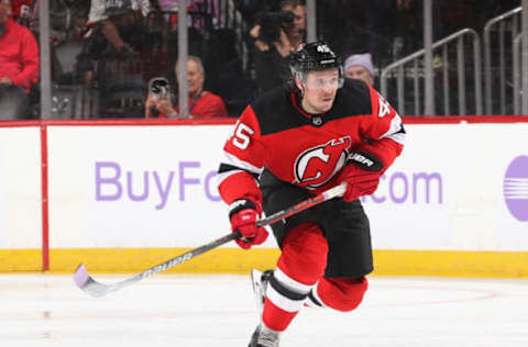 NEWARK, NEW JERSEY – NOVEMBER 23: Sami Vatanen #45 of the New Jersey Devils skates against the Detroit Red Wings at the Prudential Center on November 23, 2019 in Newark, New Jersey. The Devils defeated the Red Wings 5-1. (Photo by Bruce Bennett/Getty Images)