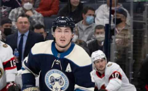 Jan 23, 2022; Columbus, Ohio, USA; Columbus Blue Jackets defenseman Zach Werenski (8) awaits a faceoff in the third period against the Ottawa Senators at Nationwide Arena. Mandatory Credit: Greg Bartram-USA TODAY Sports