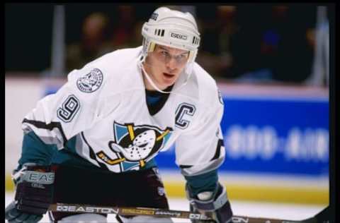 11 Dec 1996: Left wing Paul Kariya of the Anaheim Mighty Ducks relaxes during a game against the San Jose Sharks at Arrowhead Pond in Anaheim, California. The Sharks won the game 4-3. Mandatory Credit: Glenn Cratty /Allsport