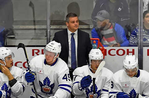 TORONTO, ON – OCTOBER 7: Head coach Sheldon Keefe of the Toronto Marlies watches the play develop against the Utica Comets during AHL game action on October 7, 2017 at Ricoh Coliseum in Toronto, Ontario, Canada. (Photo by Graig Abel/Getty Images)