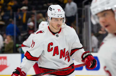 BOSTON, MA – MAY 12: Jesper Fast #71 of the Carolina Hurricanes warms up before a game against the Boston Bruins in Game Six of the First Round of the 2022 Stanley Cup Playoffs at the TD Garden on May 12, 2022, in Boston, Massachusetts. The Bruins won 5-2. (Photo by Rich Gagnon/Getty Images)