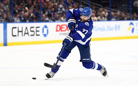 Feb 6, 2020; Tampa, Florida, USA; Tampa Bay Lightning defenseman Victor Hedman (77) shoots against the Pittsburgh Penguins during the first period at Amalie Arena. Mandatory Credit: Kim Klement-USA TODAY Sports