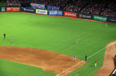 ARLINGTON, TX – SEPTEMBER 01: The Minnesota Twins outfield shifts when Joey Gallo of the Texas Rangers bats in the fourth inning of a baseball game at Globe Life Park in Arlington on September 1, 2018 in Arlington, Texas. (Photo by Richard Rodriguez/Getty Images)