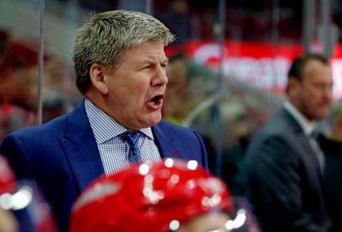 Carolina Hurricanes head coach Bill Peters directs the team during the first period against the Edmonton Oilers at PNC Arena in Raleigh, N.C., on Tuesday, March 20, 2018. (Chris Seward/Raleigh News