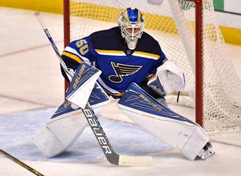 Jan 14, 2016; St. Louis, MO, USA; St. Louis Blues goalie Jordan Binnington (50) guards the net in the game against the Carolina Hurricanes during the third period at Scottrade Center. The Carolina Hurricanes defeat the St. Louis Blues 4-1. Mandatory Credit: Jasen Vinlove-USA TODAY Sports