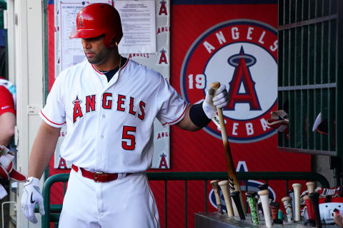 ANAHEIM, CA – JULY 08: Albert Pujols #5 of the Los Angeles Angels of Anaheim looks on during the MLB game against the Los Angeles Dodgers at Angel Stadium on July 8, 2018 in Anaheim, California. (Photo by Masterpress/Getty Images)