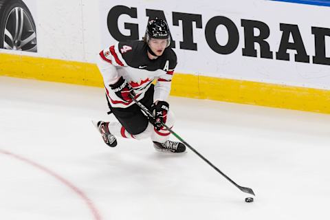 Bowen Byram #4 of Canada. (Photo by Codie McLachlan/Getty Images)