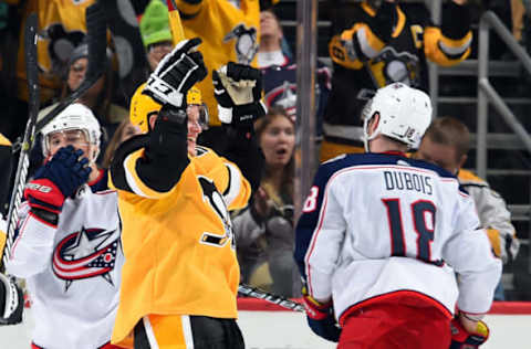 PITTSBURGH, PA – NOVEMBER 24: Jake Guentzel #59 of the Pittsburgh Penguins celebrates his hat trick in the second period against the Columbus Blue Jackets at PPG Paints Arena on November 24, 2018 in Pittsburgh, Pennsylvania. (Photo by Joe Sargent/NHLI via Getty Images)