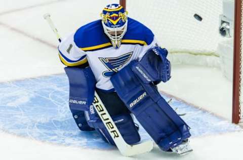 May 19, 2016; San Jose, CA, USA; St. Louis Blues goalie Brian Elliott (1) defends goal after a shot by the San Jose Sharks in the first period of game three of the Western Conference Final of the 2016 Stanley Cup Playoffs at SAP Center at San Jose. The Sharks won 3-0. Mandatory Credit: John Hefti-USA TODAY Sports