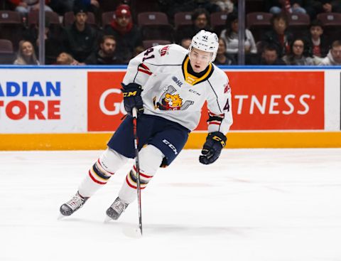 Evan Vierling #41 of the Barrie Colts skates during an OHL game against the Oshawa Generals. (Photo by Chris Tanouye/Getty Images)