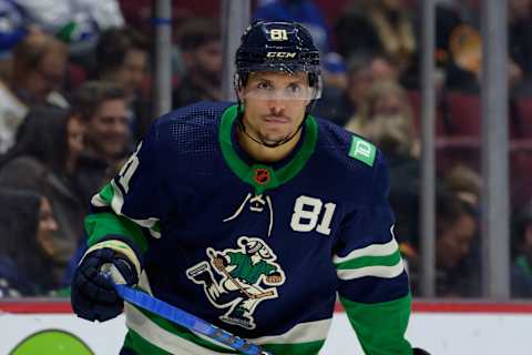 Dakota Joshua of the Vancouver Canucks waits for a face-off during a game against the Minnesota Wild. (Photo by Derek Cain/Getty Images)