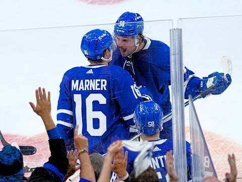 May 10, 2022; Toronto, Ontario, CAN; Toronto Maple Leafs forward Auston Matthews (34) celebrates his goal scored with forward Mitchell Marner ( . Mandatory Credit: John E. Sokolowski-USA TODAY Sports