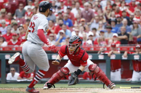 CINCINNATI, OH – JUNE 10: Tommy Pham #28 of the St. Louis Cardinals scores on a sacrifice fly in the third inning ahead of the tag by Tucker Barnhart #16 of the Cincinnati Reds at Great American Ball Park on June 10, 2018 in Cincinnati, Ohio. (Photo by Joe Robbins/Getty Images)