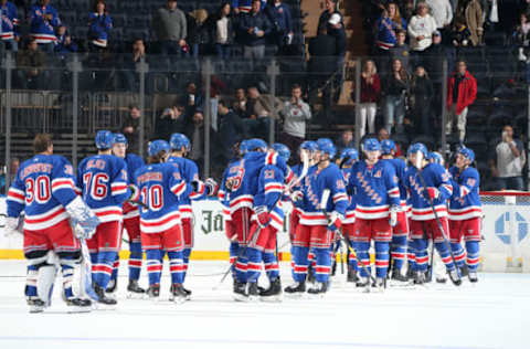 NEW YORK, NY – OCTOBER 29: The New York Rangers celebrate after defeating the Tampa Bay Lightning 4-1 at Madison Square Garden on October 29, 2019 in New York City. (Photo by Jared Silber/NHLI via Getty Images)