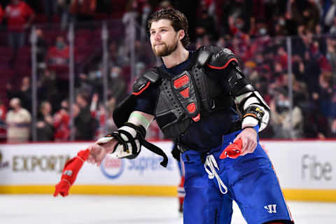 MONTREAL, QC – APRIL 29: Josh Anderson #17 of the Montreal Canadiens prepares to throw some merchandise towards spectators after their 10-2 victory against the Florida Panthers in their last game of the regular season at Centre Bell on April 29, 2022 in Montreal, Canada. (Photo by Minas Panagiotakis/Getty Images)