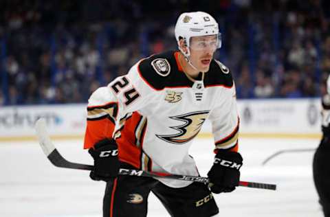 TAMPA, FL – NOVEMBER 27: Anaheim Ducks right wing Carter Rowney (24) in the first period of the regular season NHL game between the Anaheim Ducks and Tampa Bay Lightning on November 27, 2018, at Amalie Arena in Tampa, FL. (Photo by Mark LoMoglio/Icon Sportswire via Getty Images)