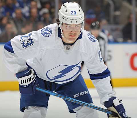 TORONTO, CANADA – APRIL 18: Michael Eyssimont #23 of the Tampa Bay Lightning waits for a puck drop against the Toronto Maple Leafs during Game One of the First Round of the 2023 Stanley Cup Playoffs at Scotiabank Arena on April 18, 2023 in Toronto, Ontario, Canada. The Lightning defeated the Maple Leafs 7-3. (Photo by Claus Andersen/Getty Images)