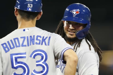 Jul 19, 2019; Detroit, MI, USA; Toronto Blue Jays shortstop Freddy Galvis (right) smiles near first base coach Mark Budzinski (53) after getting a hit for a single during the seventh inning against the Detroit Tigers at Comerica Park. Mandatory Credit: Raj Mehta-USA TODAY Sports