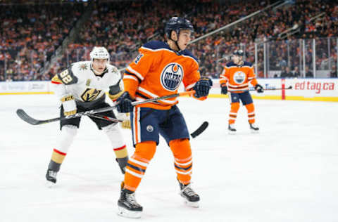 EDMONTON, AB – APRIL 05: Ethan Bear #74 of the Edmonton Oilers is pursued by Tomas Nosek #92 of the Vegas Golden Knights at Rogers Place on April 5, 2018 in Edmonton, Canada. (Photo by Codie McLachlan/Getty Images)