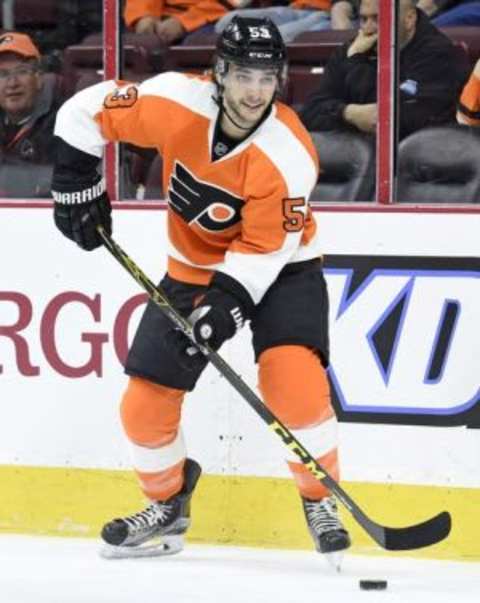 Feb 9, 2016; Philadelphia, PA, USA; Philadelphia Flyers defenseman Shayne Gostisbehere (53) makes a play against the Anaheim Ducks during the first period at Wells Fargo Center. The Ducks defeated the Flyers, 4-1. Mandatory Credit: Eric Hartline-USA TODAY Sports