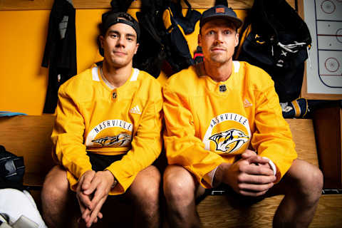 Predators goalies Juuse Saros, left, and Pekka Rinne,  in Nashville, Tenn., Tuesday, Oct. 2, 2018.