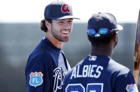 Mar 7, 2016; Dunedin, FL, USA; Atlanta Braves shortstop Dansby Swanson (80) talks with shortstop Ozzie Albies (87) prior to the game against the Toronto Blue Jays at Florida Auto Exchange Park. Mandatory Credit: Kim Klement-USA TODAY Sports