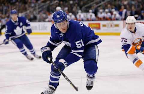 Feb 14, 2017; Toronto, Ontario, CAN; Toronto Maple Leafs defenseman Jake Gardiner (51) skates against the New York Islanders at the Air Canada Centre. Toronto defeated New York 7-1. Mandatory Credit: John E. Sokolowski-USA TODAY Sports