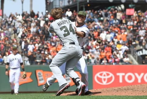 SAN FRANCISCO, CA – MAY 29: Bryce Harper #34 of the Washington Nationals and Hunter Strickland #60 of the San Francisco Giants throw punches at one another after Strickland hit Harper with a pitch in the top of the eighth inning at AT&T Park on May 29, 2017 in San Francisco, California. (Photo by Thearon W. Henderson/Getty Images)