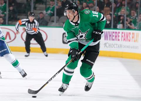 DALLAS, TX – MARCH 25: Tyler Pitlick #18 of the Dallas Stars handles the puck against the Vancouver Canucks at the American Airlines Center on March 25, 2018 in Dallas, Texas. (Photo by Glenn James/NHLI via Getty Images) *** Local Caption *** Tyler Pitlick