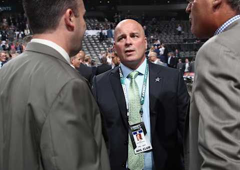 DALLAS, TX – JUNE 22: Head coach of the Dallas Stars Jim Montgomery chats prior to the first round of the 2018 NHL Draft at American Airlines Center on June 22, 2018 in Dallas, Texas. (Photo by Bruce Bennett/Getty Images)