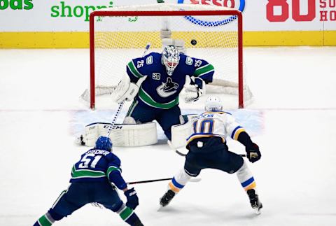 Brayden Schenn #10 of the St. Louis Blues scores the game-winning goal  (Photo by Jeff Vinnick/Getty Images)