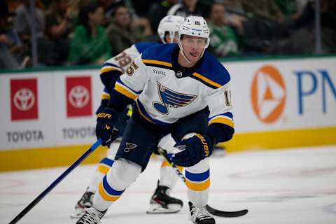 Oct 5, 2023; Dallas, Texas, USA; St. Louis Blues left wing Jakub Vrana (15) in action during the game between the Dallas Stars and the St. Louis Blues at the American Airlines Center. Mandatory Credit: Jerome Miron-USA TODAY Sports