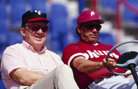 FLORIDA – MARCH 1992: MLB Commissioner Fay Vincent and Philadelphia Phillies manager Jim Fregosi look on before a Spring Training game in March 1992 in Florida. (Photo by Jonathan Daniel/Getty Images)