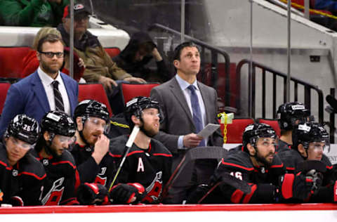 RALEIGH, NORTH CAROLINA – FEBRUARY 27: Head coach Rod Brind’Amour of the Carolina Hurricanes watches his team play against the Edmonton Oilers during their game at PNC Arena on February 27, 2022, in Raleigh, North Carolina. (Photo by Grant Halverson/Getty Images)