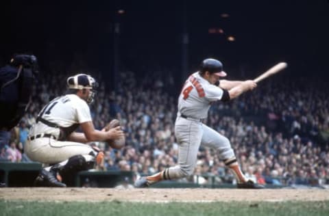 DETROIT, MI – CIRCA 1970: Merv Rettenmund #14 of the Baltimore Orioles bats against the Detroit Tigers during an Major League Baseball game circa 1970 at Tiger Stadium in Detroit, Michigan. Rettenmund played for the Orioles from 1968-73. (Photo by Focus on Sport/Getty Images)