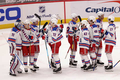 New York Rangers goaltender Keith Kinkaid (71) celebrates with teammates after their game against the Washington Capitals Credit: Geoff Burke-USA TODAY Sports