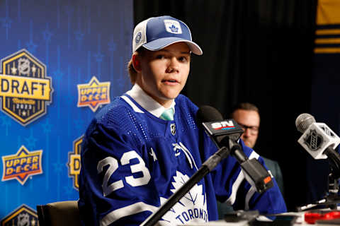 NASHVILLE, TENNESSEE – JUNE 28: Easton Cowan speaks to the media after being selected by the Toronto Maple Leafs with the 28th overall pick (Photo by Jason Kempin/Getty Images)