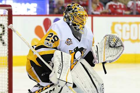 May 6, 2017; Washington, DC, USA; Pittsburgh Penguins goalie Marc-Andre Fleury (29) follows the puck against the Washington Capitals in game five of the second round of the 2017 Stanley Cup Playoffs at Verizon Center. Mandatory Credit: Geoff Burke-USA TODAY Sports