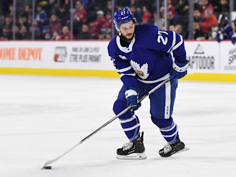 LAVAL, QC – DECEMBER 22: Jeremy Bracco #27 of the Toronto Marlies skates the puck against the Laval Rocket during the AHL game at Place Bell on December 22, 2018 in Laval, Quebec, Canada. The Toronto Marlies defeated the Laval Rocket 2-0. (Photo by Minas Panagiotakis/Getty Images)