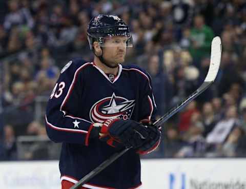 Oct 16, 2015; Columbus, OH, USA; Columbus Blue Jackets left wing Scott Hartnell (43) against the Toronto Maple Leafs at Nationwide Arena. The Leafs won 6-3. Mandatory Credit: Aaron Doster-USA TODAY Sports