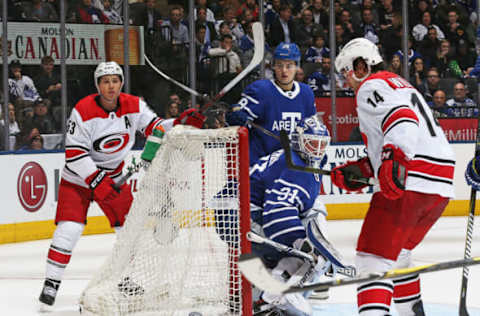 TORONTO, ON – DECEMBER 19: Frederik Andersen #31 of the Toronto Maple Leafs keeps an eye on a bouncing puck behind him during play against the Carolina Hurricanes in an NHL game at the Air Canada Centre on December 19, 2017, in Toronto, Ontario, Canada. The Maple Leafs defeated the Hurricanes 8-1. (Photo by Claus Andersen/Getty Images)